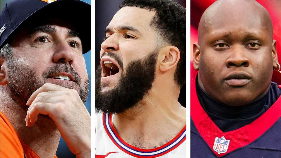 Justin Verlander (left), Fred VanVleet (center) and Laremy Tunsil (right) were the highest-paid players for the Astros, Rockets and Texans, respectively, in 2023.