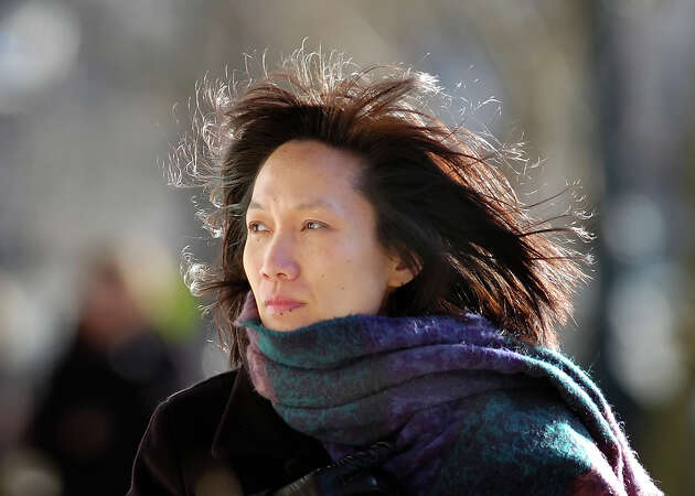 A woman's hair blows in the wind on a very cold Friday afternoon on Greenwich Avenue in Greenwich, Conn. 