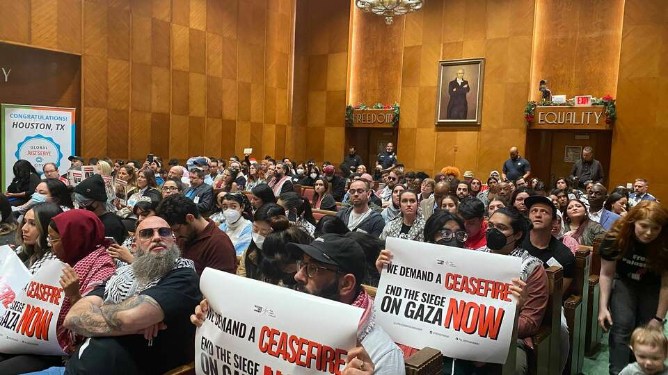 Dozens of protesters demonstrated at city hall Tuesday, demanding a resolution from Houston City Council supporting a ceasefire in Gaza.