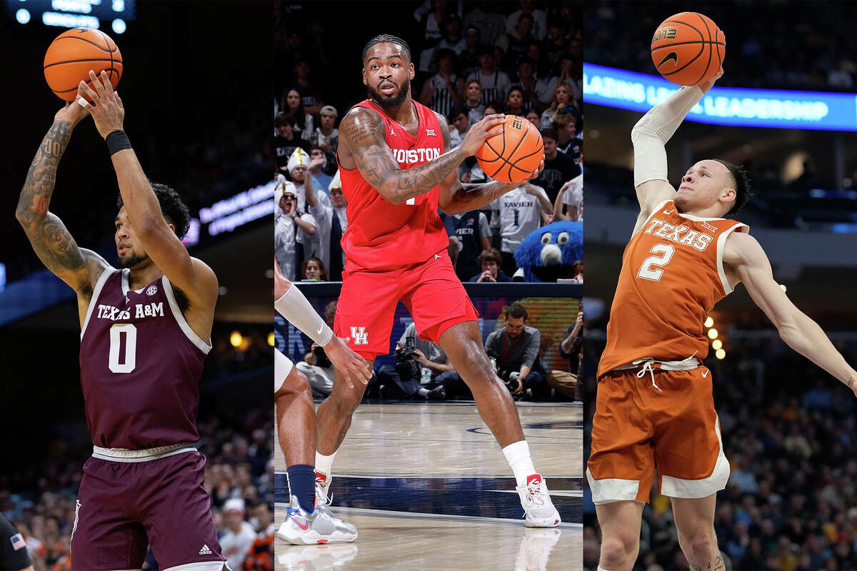 (Left to right) Texas A&M's Jace Carter, Houston's Jamal Shead and Texas's Chendall Weaver are shown in action. All three teams will play at the Halal Guys college basketball showcase at Toyota Center in Houston on Dec. 16, 2023.