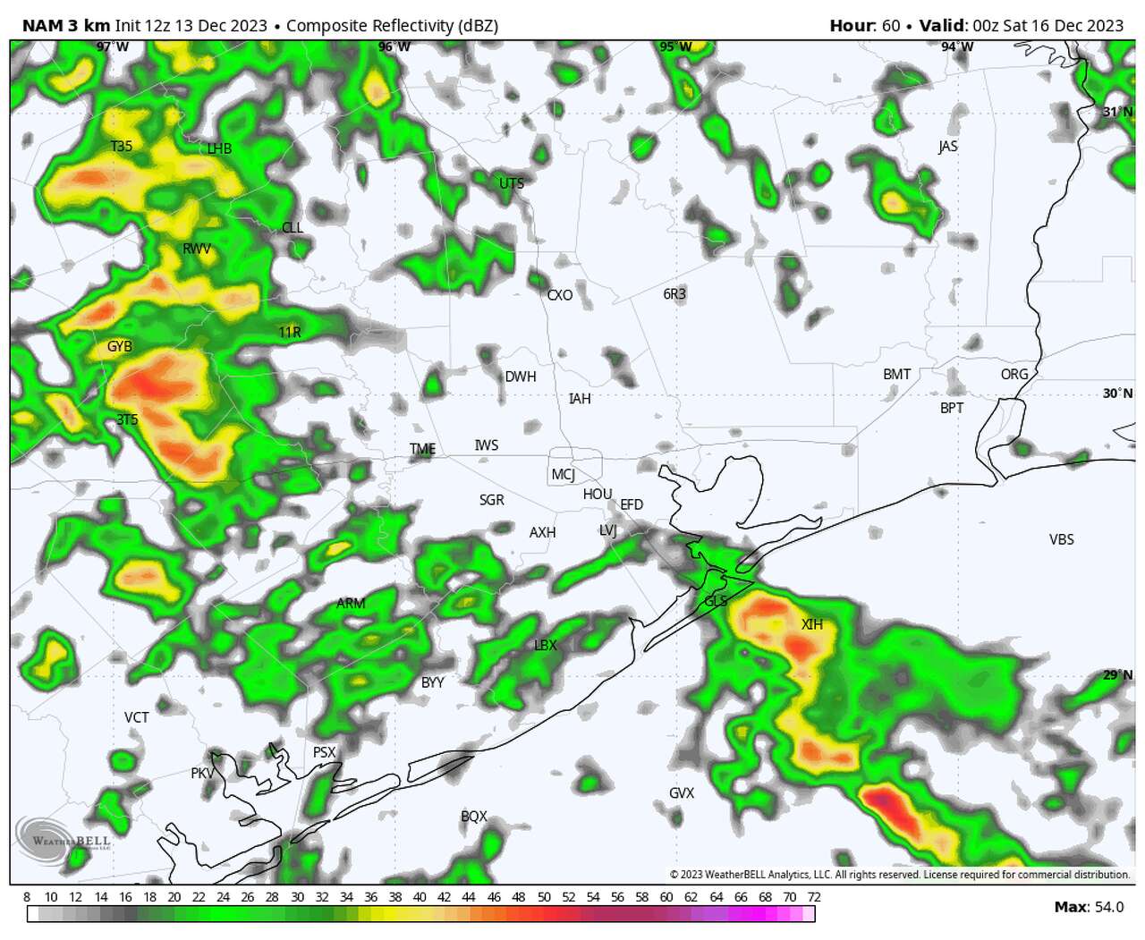 This map shows the rain could be falling on future radar Friday evening. The heaviest rain arrives in the Houston area likely after the evening commute, though areas west of Houston will likely see slower evening drives because of the rain.