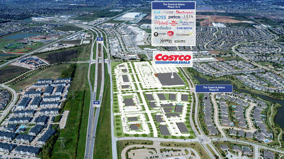 An aerial of where Costco is planning its new Richmond, Texas store within the Grand at Aliana complex west of Houston.