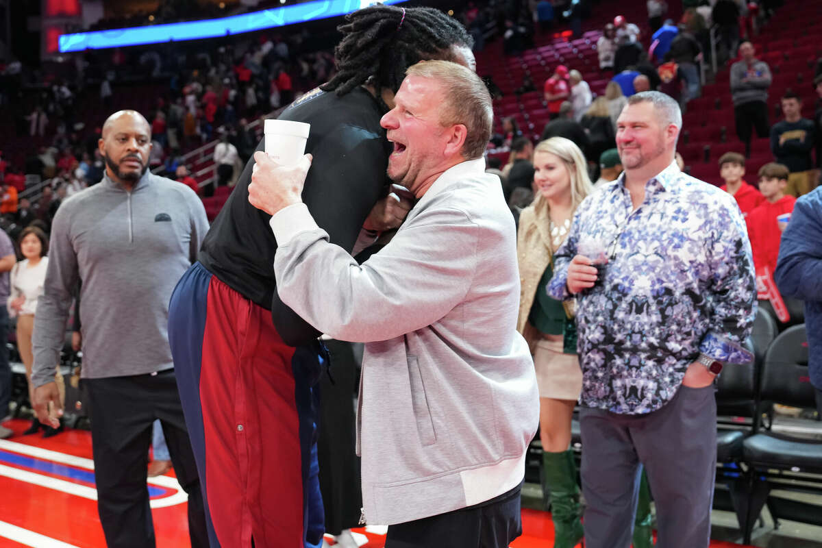 Houston Rockets owner Tilman Fertitta hugs DeAndre Jordan #6 of the Denver Nuggets following an NBA In-Season Tournament game at Toyota Center on November 24, 2023 in Houston, Texas. NOTE TO USER: User expressly acknowledges and agrees that, by downloading and or using this photograph, User is consenting to the terms and conditions of the Getty Images License Agreement. (Photo by Alex Bierens de Haan/Getty Images)