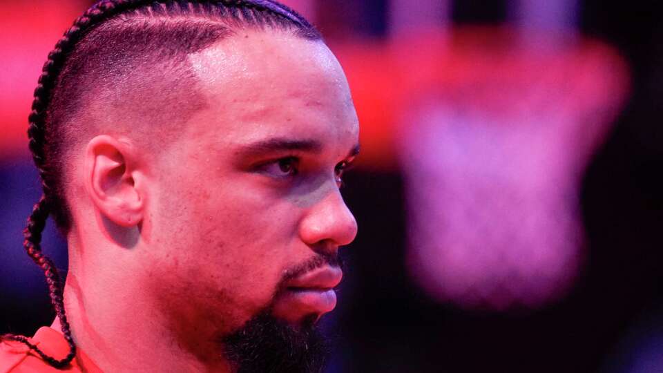 Houston Rockets forward Dillon Brooks (9) stares on the court before the first half of an NBA basketball game at Toyota Center, Wednesday, Dec. 13, 2023, in Houston.