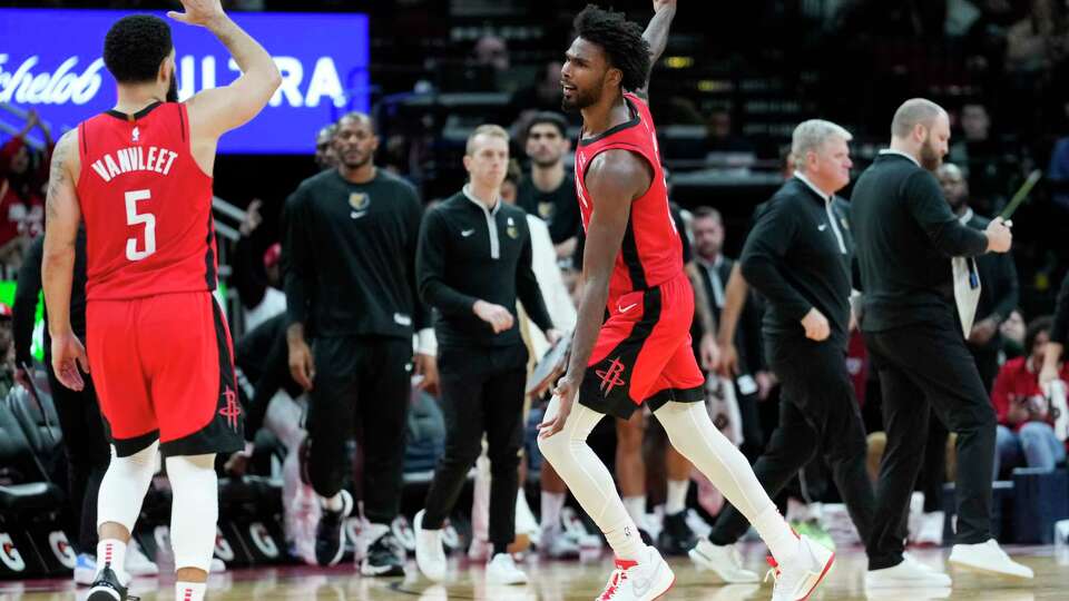 Houston Rockets forward Tari Eason (17) reacts after a timeout is called by Memphis after his 3-pointer during the second half of an NBA basketball game at Toyota Center, Wednesday, Dec. 13, 2023, in Houston.