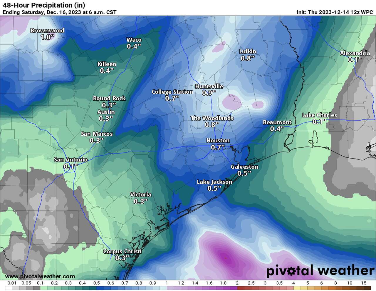 This map shows the Weather Prediction Center's forecast rainfall totals through Saturday morning. The Houston area could pick up a widespread 0.5 to 1.5 inches of beneficial rainfall through early Saturday.