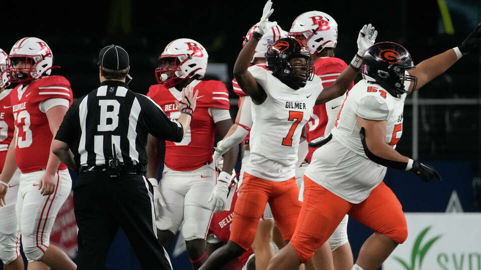 Bellville players react after Bellville linebacker Adarius Hutchinson recovered a fumble by running back Corrian Hood during the first half of the 4A Division 2 UIL state championship game against Gilmer at AT&T Stadium, Friday, Dec. 15, 2023, in Arlington.