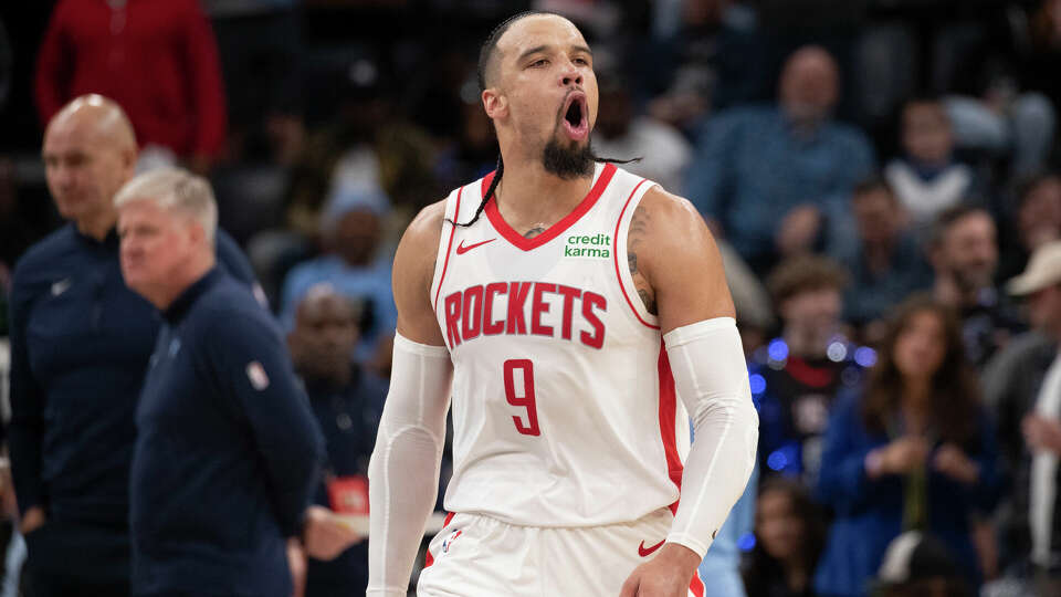 Houston Rockets guard Dillon Brooks (9) celebrates during the second half of the team's NBA basketball game against the Memphis Grizzlies on Friday, Dec. 15, 2023, in Memphis, Tenn. (AP Photo/Nikki Boertman)