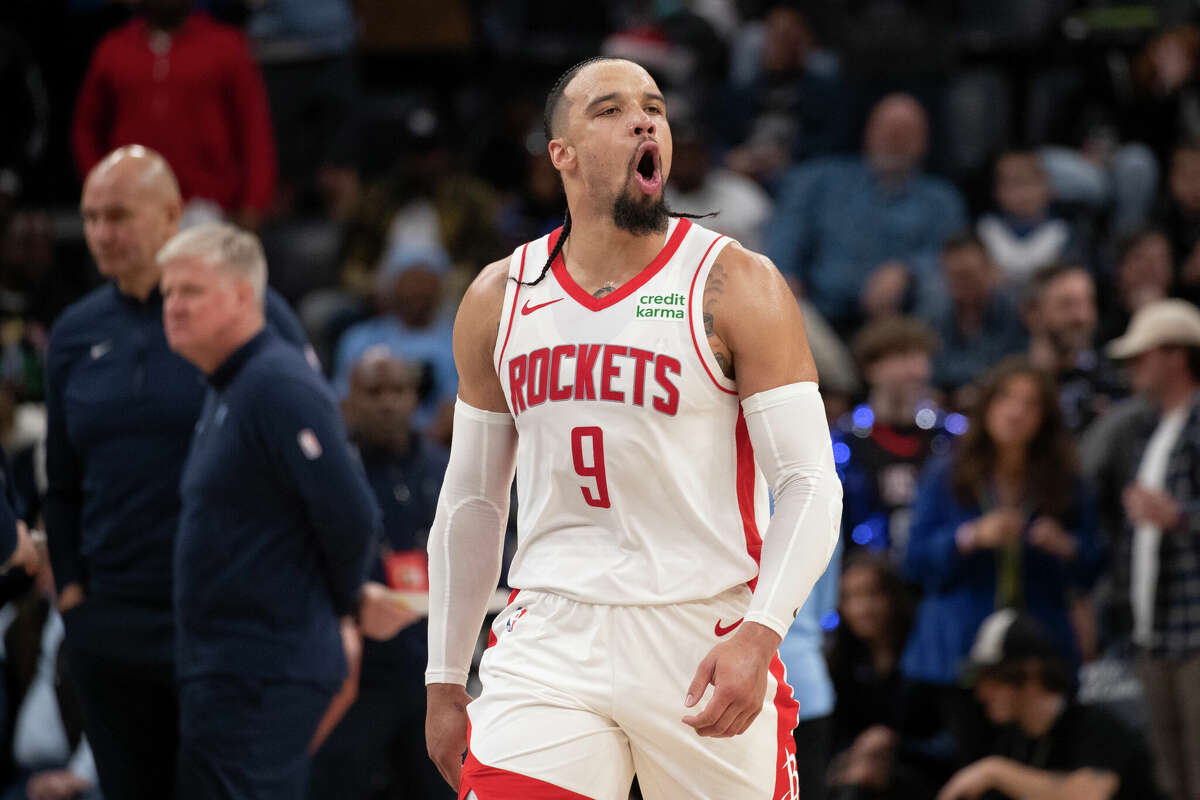 Houston Rockets guard Dillon Brooks (9) celebrates during the second half of the team's NBA basketball game against the Memphis Grizzlies on Friday, Dec. 15, 2023, in Memphis, Tenn.