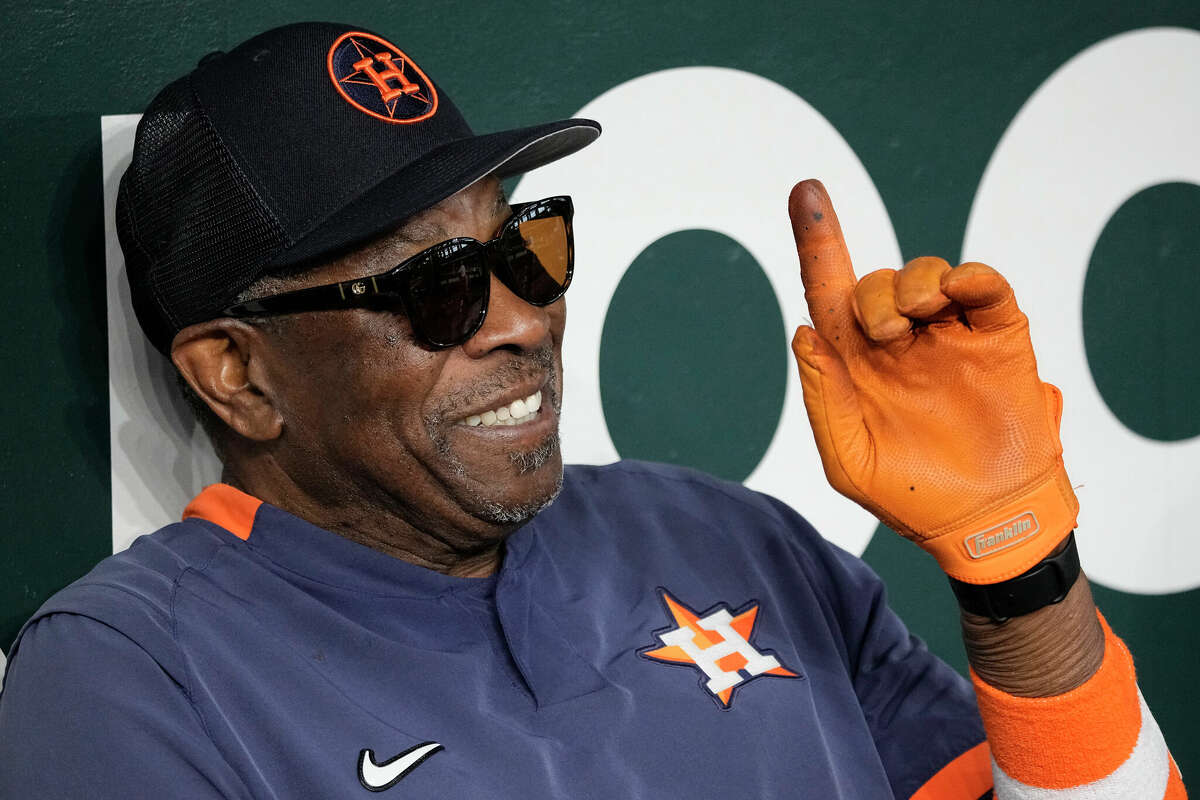 Manager Dusty Baker Jr. #12 of the Houston Astros talks to media before the game against the Texas Rangers at Globe Life Field on July 01, 2023 in Arlington, Texas.