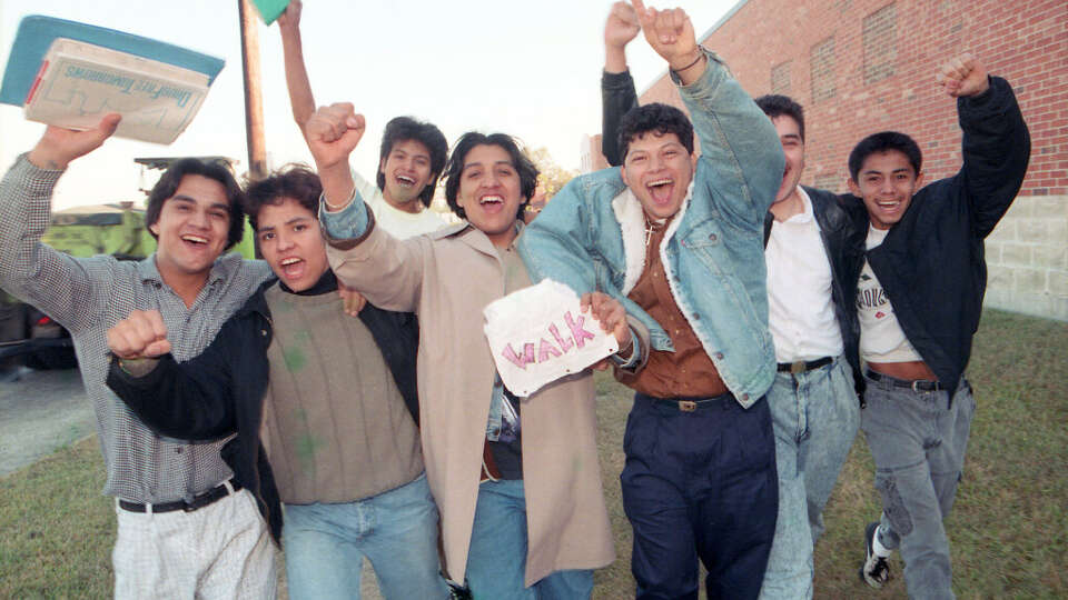 Macario Garcia, second from left, joined hundreds of fellow Stephen F. Austin High School students who walked out to protest conditions at the East End campus on Oct. 20, 1989, in Houston.