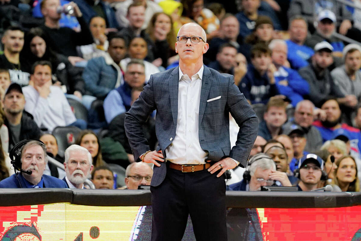 UConn head coach Dan Hurley watches his team during the first half of an NCAA college basketball game against Seton Hall in Newark, N.J., Wednesday, Dec. 20, 2023. (AP Photo/Peter K. Afriyie)