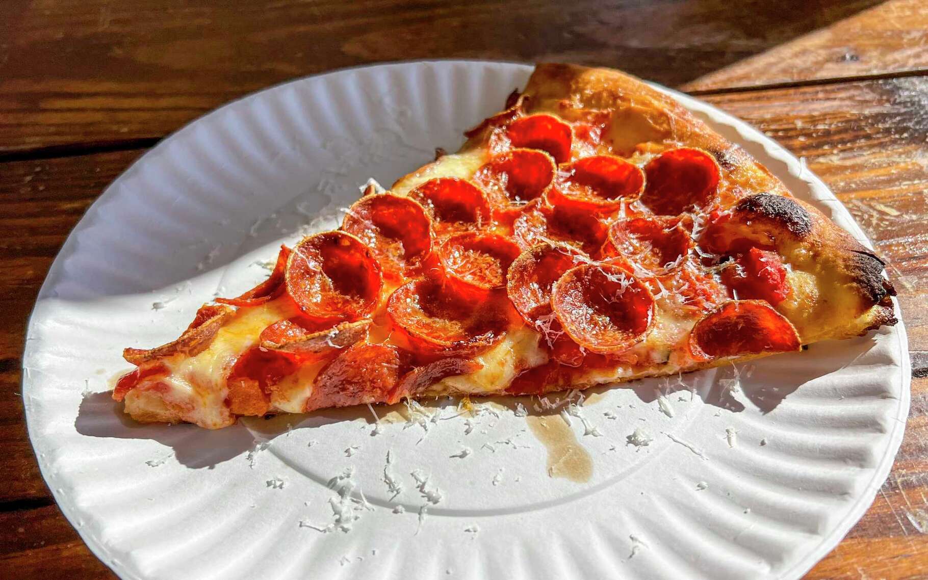 A slice of pepperoni pizza from Neighbors, a restaurant in the East End, on Dec. 27, 2023.