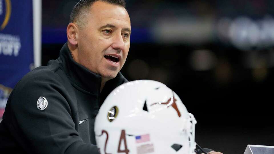 Texas head coach Steve Sarkisian speaks during media day for the the upcoming Sugar Bowl NCAA college football semi-final game against Washington in New Orleans, Saturday, Dec. 30, 2023. (AP Photo/Gerald Herbert)