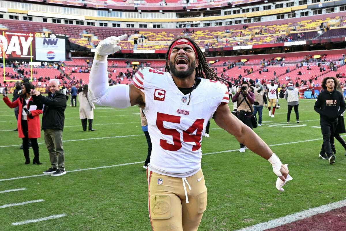 Fred Warner celebrates after the San Francisco 49ers beat the Washington Commanders on Dec. 31, 2023. Warner would then celebrate even harder in the tunnel when the 49ers clinched the NFC's top seed.