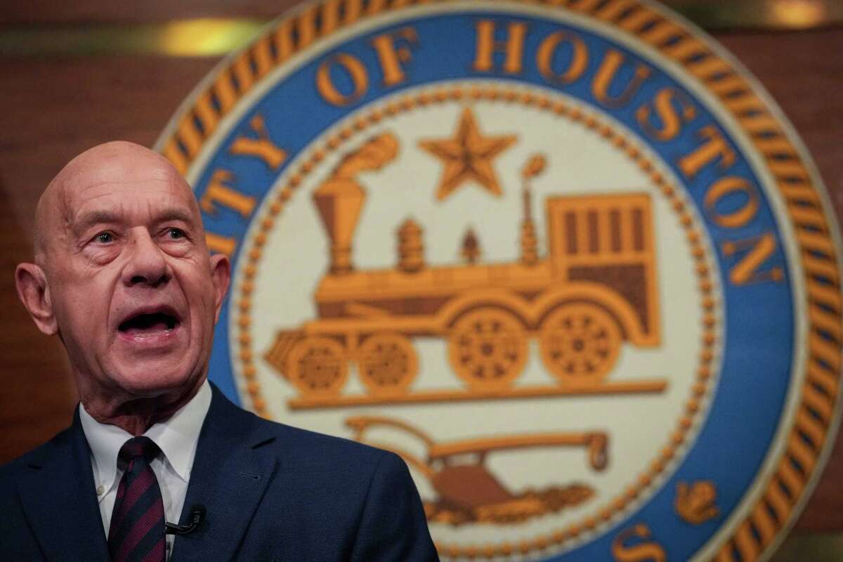 Houston Mayor John Whitmire answers questions from reporters after he took the oath of office to become the city’s new mayor during a private ceremony shortly after midnight Monday, Jan. 1, 2024, in the Mayor’s Office at City Hall in Houston.