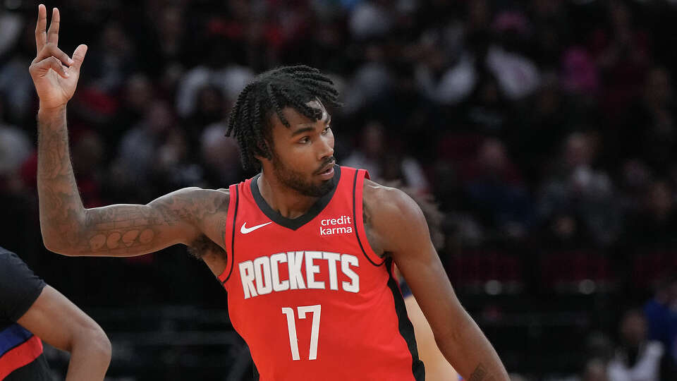 Houston Rockets forward Tari Eason (17) celebrates his three-point shot against the Detroit Pistons at the Toyota Center on Monday, Jan. 1, 2024 in Houston.