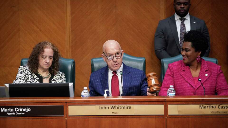 Houston Mayor John Whitmire gavels in a city council meeting Tuesday, Jan. 2, 2024, in the city council chambers at city hall in Houston. Mayor Whitmire was publicly sworn earlier in the morning.