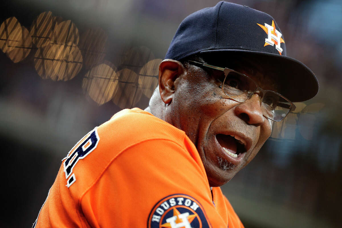 ARLINGTON, TEXAS - OCTOBER 20: Manger Dusty Baker #12 of the Houston Astros reacts after being ejected against the Texas Rangers during the eighth inning in Game Five of the American League Championship Series at Globe Life Field on October 20, 2023 in Arlington, Texas. (Photo by Carmen Mandato/Getty Images)