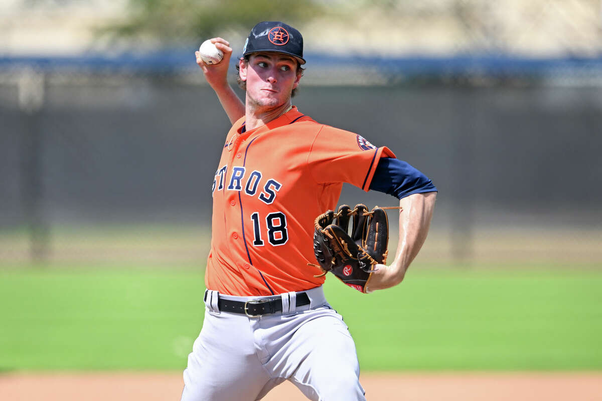 Forrest Whitley #18 of the Houston Astros throws a pitch during a minor league spring training game against the New York Mets at The Ballpark of the Palm Beaches on March 18, 2023 in West Palm Beach, Florida. 