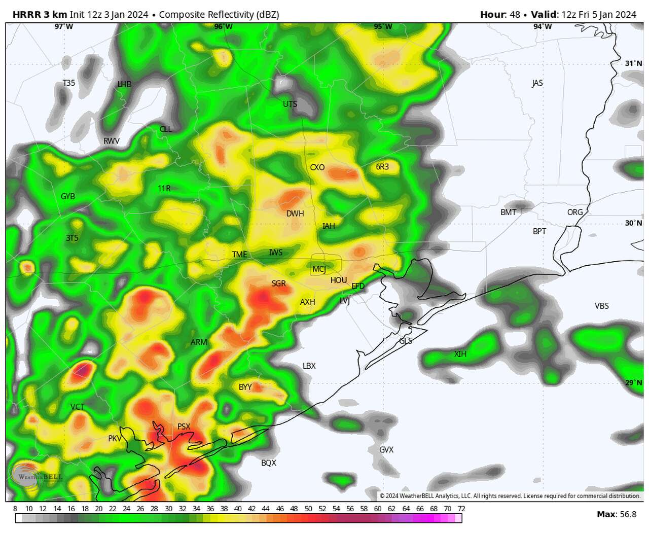 This map shows how future radar could look according to the High-Resolution Rapid Refresh model, which is used to determine weather patterns in the period of 24 to 36 hours. It shows heavy pockets of rain, similar to what the region saw Tuesday night, across much of Southeast Texas Friday morning.