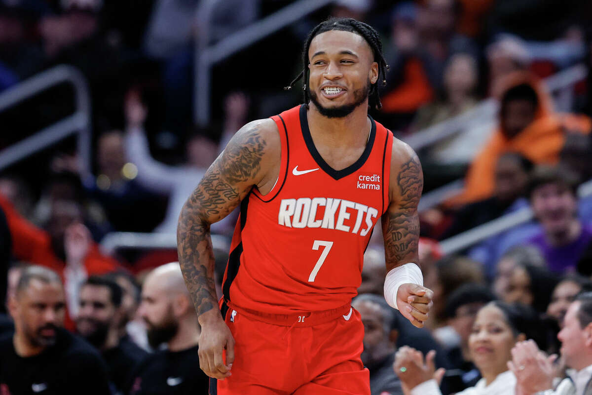 Cam Whitmore #7 of the Houston Rockets reacts to his basket against the Detroit Pistons during the second half at Toyota Center on January 01, 2024 in Houston, Texas.