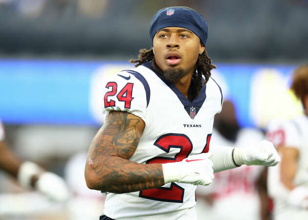 Derek Stingley Jr. #24 of the Houston Texans stretches prior to kickoff of a preseason game against the Los Angeles Rams at SoFi Stadium on August 19, 2022 in Inglewood, California. 