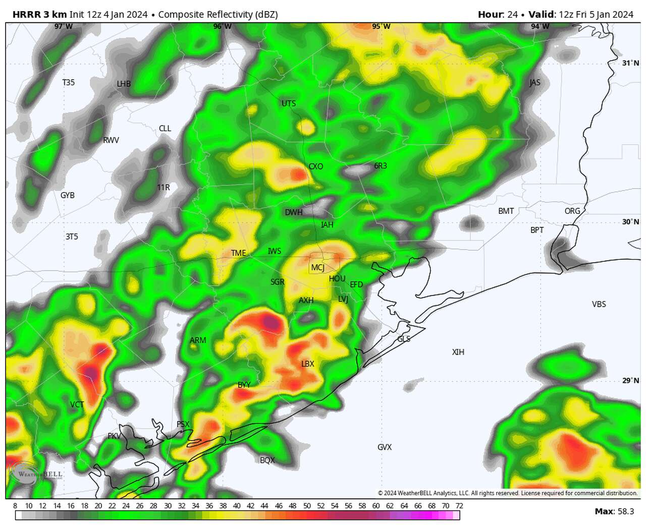 This map shows what radar could look like Friday morning according to the High Resolution Rapid Refresh model, or HRRR. Widespread rain is likely for the early Friday morning commute, with locally heavier rain expected near and south of I-10 toward the coast. 