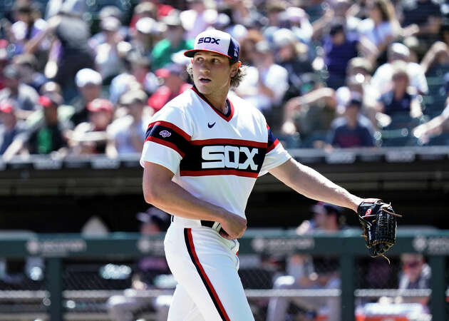 Declan Cronin #59 of the Chicago White Sox reacts after the sixth inning of a game against the Cleveland Guardians at Guaranteed Rate Field on July 30, 2023 in Chicago, Illinois. The Guardians defeated the White Sox 5-0. 