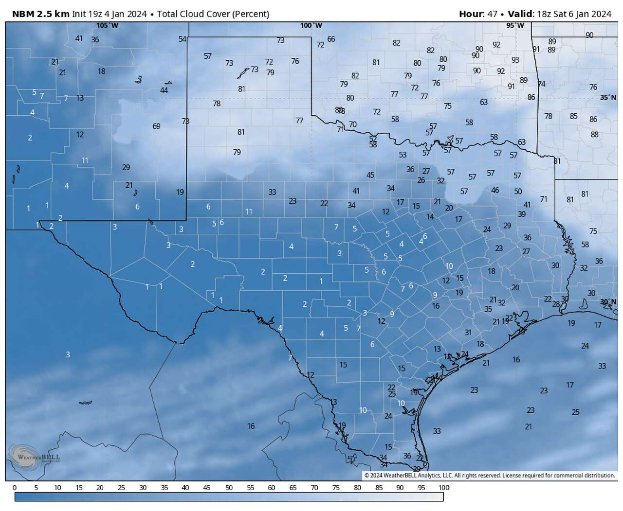 This map shows forecast cloud cover for Saturday afternoon across the Lone Star State according to the National Blend of Models. Most of the state will enjoy a sunny start to the weekend, including right here in Houston.