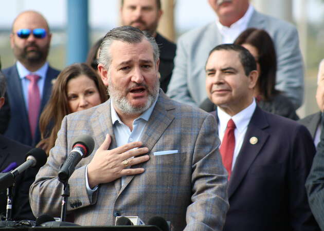 Sen. Ted Cruz speaks with Rep. Henry Cuellar behind him in Laredo, Texas at the World Trade Bridge on Jan. 4, 2024 about passing bridge reform. The bridge, located in the nation's No. 1 port, hopes to expand from eight to 18 lanes in the future.