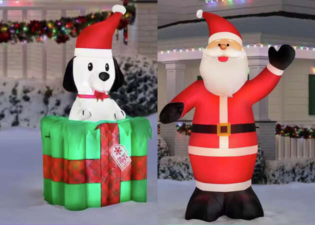 Christmas yard inflatables like these animated puppy and Santa Claus figures are on sale at Home Depot right now.