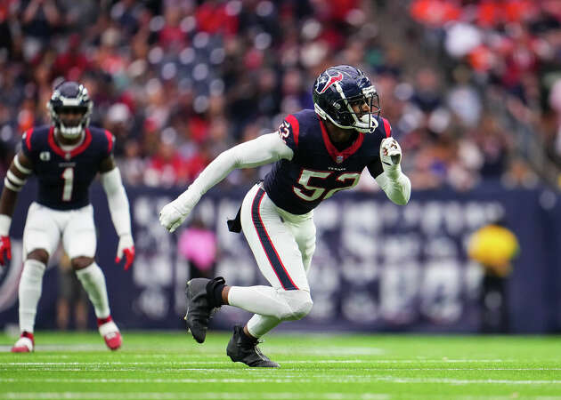 Jonathan Greenard #52 of the Houston Texans rushes the passer during an NFL football game against the Denver Broncos at NRG Stadium on December 3, 2023 in Houston, Texas.