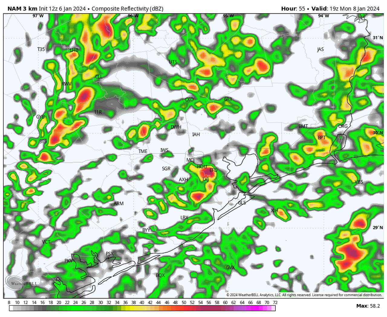 Here is a future radar image for 1 p.m. on Monday, Jan. 8. Scattered strong to severe thunderstorms will be possible across Southeast Texas.