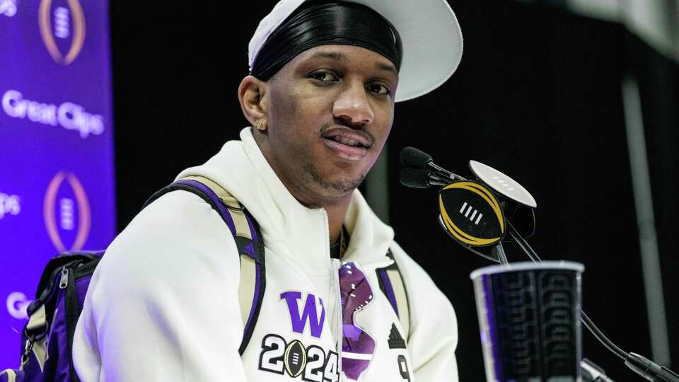 Washington quarterback Michael Penix Jr. speaks to media during the College Football Playoff National Championship weekend on Saturday, Jan. 6, 2024, at the George Brown Convention Center in Houston.