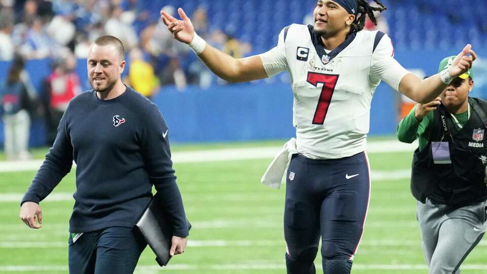 Houston Texans quarterback C.J. Stroud (7) reacts after clinching a playoff spot with a 23-19 win over the Indianapolis Colts during an NFL football game Saturday, Jan. 6, 2024, in Indianapolis.