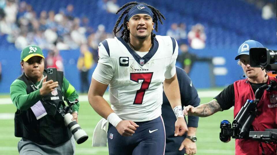 Houston Texans quarterback C.J. Stroud (7) reacts after clinching a playoff spot with a 23-19 win over the Indianapolis Colts during an NFL football game Saturday, Jan. 6, 2024, in Indianapolis.