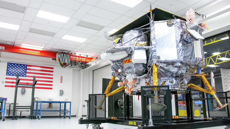 This photo provided by Astrobotic Technology shows the Peregrine lunar lander at the company's facility in Pittsburgh in October 2023. Peregrine launched Monday, Jan. 8, 2024, but experienced an issue after liftoff. (Jordan K Reynolds/Astrobotic Technology via AP)