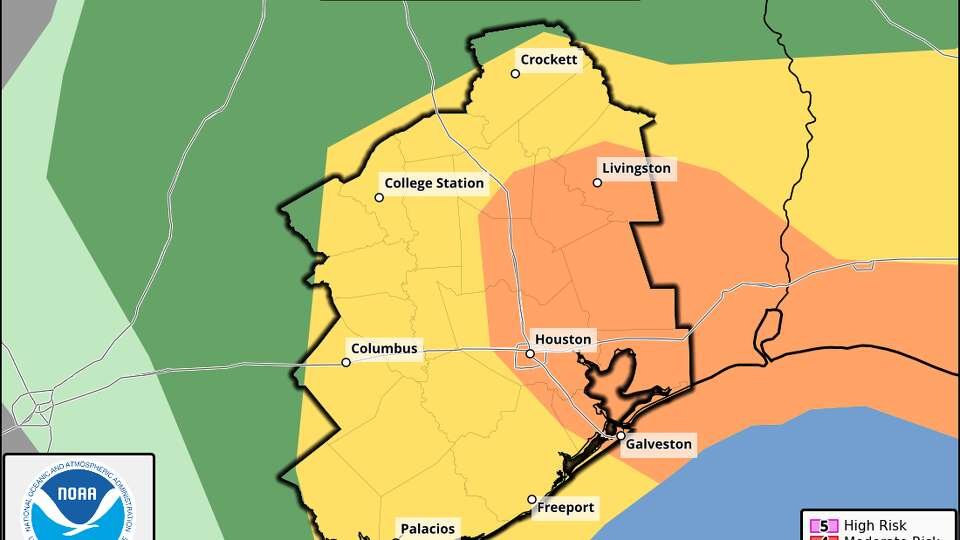 This map shows the Storm Prediction Center's severe storms outlook for Monday. The area in orange along and east of I-45 indicates the area where severe storms are most likely through Monday evening, with tornadoes being the main risk through about 4 or 5 p.m. Following the tornado risk, damaging winds could be possible along a line of storms between 5 and 7 p.m. 