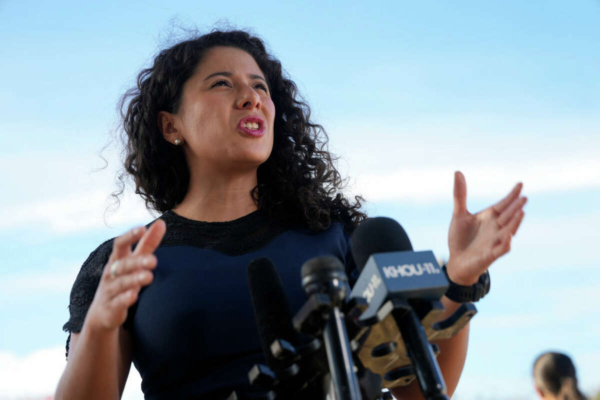 HOUSTON, TEXAS - NOVEMBER 7: Harris County Judge Lina Hidalgo speaks during a press conference before voting on Election Day on Tuesday, Nov. 7, 2023 at West Gray Multiservice Center in Houston. (Yi-Chin Lee/Houston Chronicle via Getty Images)