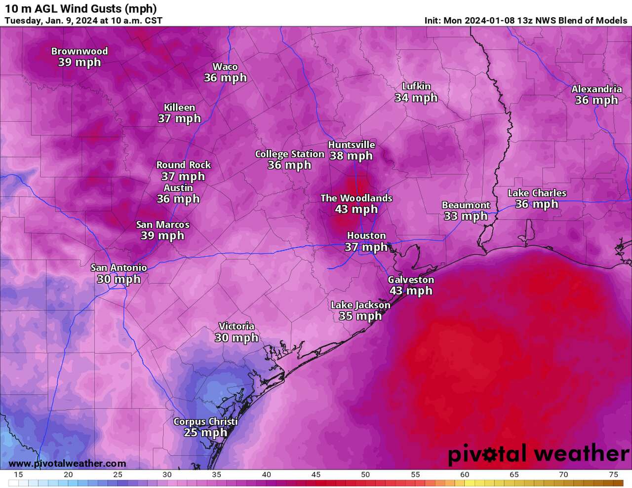 This map shows forecast wind gusts across Southeast Texas Tuesday morning according to the National Blend of Models. A wind advisory is in effect for all of Southeast Texas as wind gusts through 6 p.m. Tuesday could top out in excess of 40 mph.