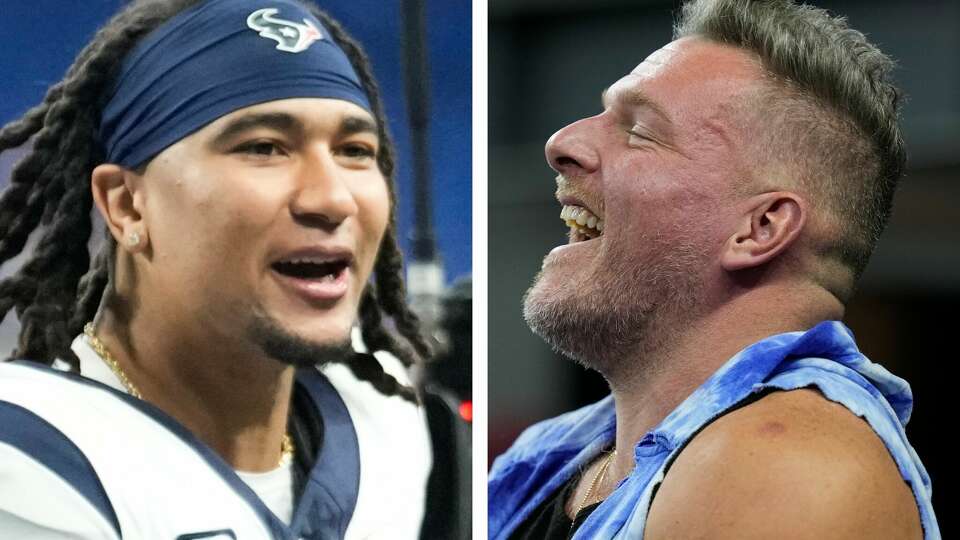 Texans quarterback C.J. Stroud (left) runs off the field in Indianapolis celebrating his team's win over the Colts, while ESPN's Pat McAfee (right) is shown at the same game as a fan on Saturday, Jan. 6, 2024.