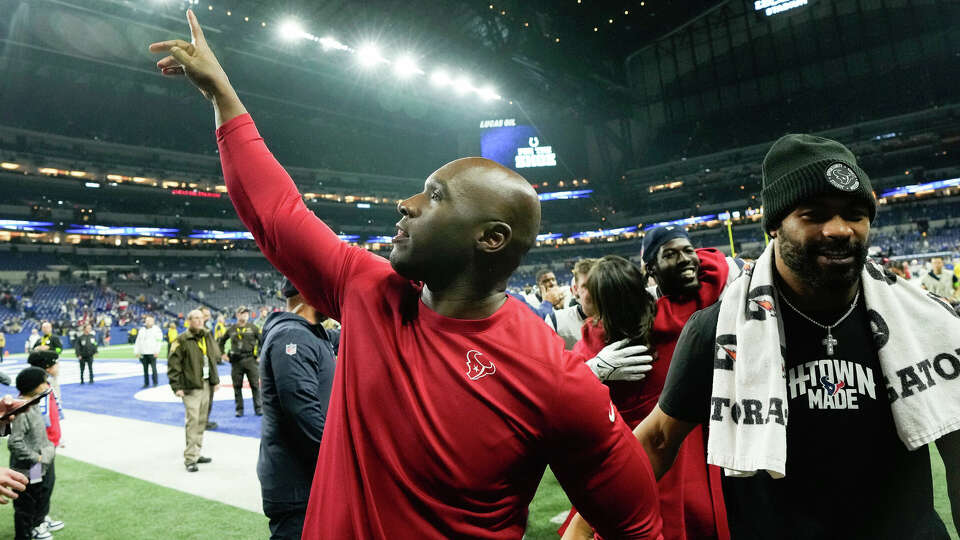 Houston Texans head coach DeMeco Ryans reacts after clinching a playoff spot with a 23-19 win over the Indianapolis Colts during an NFL football game Saturday, Jan. 6, 2024, in Indianapolis.