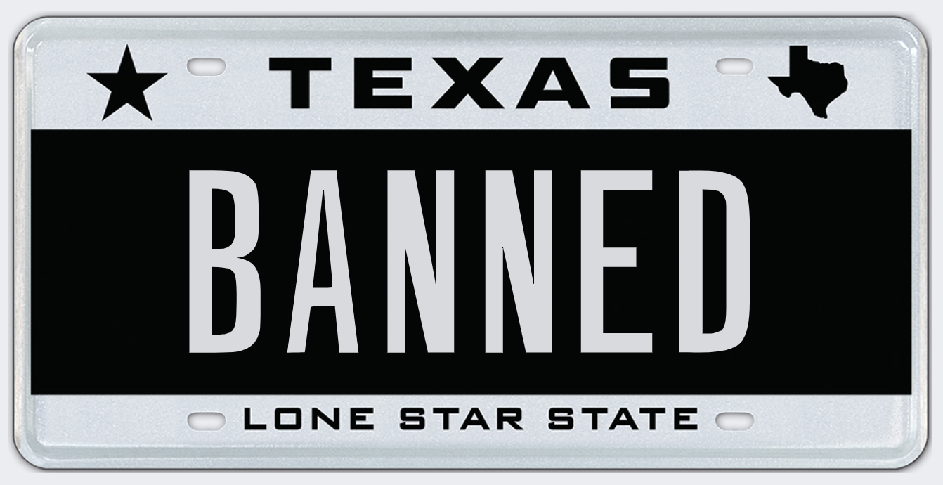 2023 rejected Texas license plates 'PHCKIT' and 'TORTUR' included