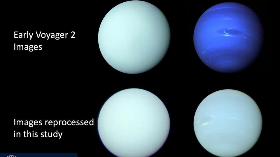 Newly processed images suggest that Uranus and Neptune look more alike than what was previously suggested. The top two images were released shortly after the Voyager 2 spacecraft flew by the planets in 1986 and 1989, respectively. The bottom two images were reprocessed to better show the planets' true colors.