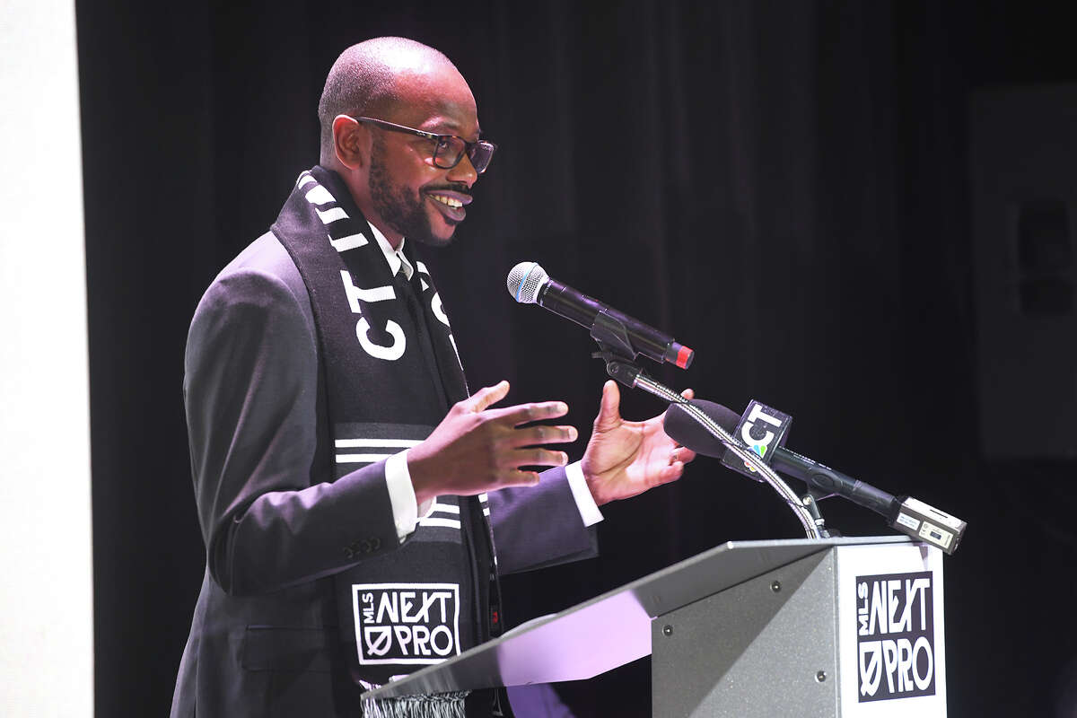 Owner André Swanston speaks during a news conference announcing the new Connecticut United Football Club (CT United FC), in Bridgeport, Conn. Jan. 9, 2024.