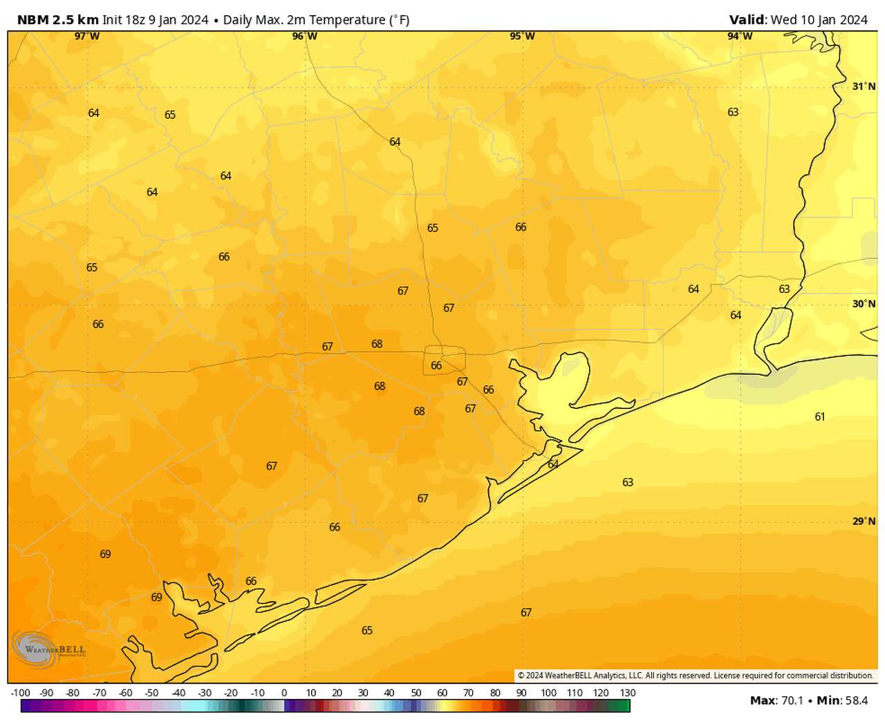 This map shows forecast highs across Southeast Texas Wednesday afternoon according to the National Blend of Models. After a cold start to the day, highs in most spots will warm into the middle and upper 60s. 