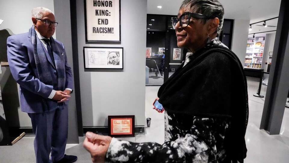 Bernard and Shirley Kinsey stand outside The Kinsey African American Art & History Collection exhibit at Holocaust Museum Houston on Tuesday, Jan. 9, 2024 in Houston. The exhibition represents the intersection between art and history, covering the lives, accomplishments and artistry of African Americans from the 16th century through the years of slavery and emancipation to the civil rights movement and today.