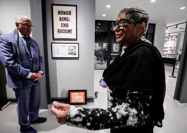 Bernard and Shirley Kinsey stand outside The Kinsey African American Art & History Collection exhibit at Holocaust Museum Houston on Tuesday, Jan. 9, 2024 in Houston. The exhibition represents the intersection between art and history, covering the lives, accomplishments and artistry of African Americans from the 16th century through the years of slavery and emancipation to the civil rights movement and today.