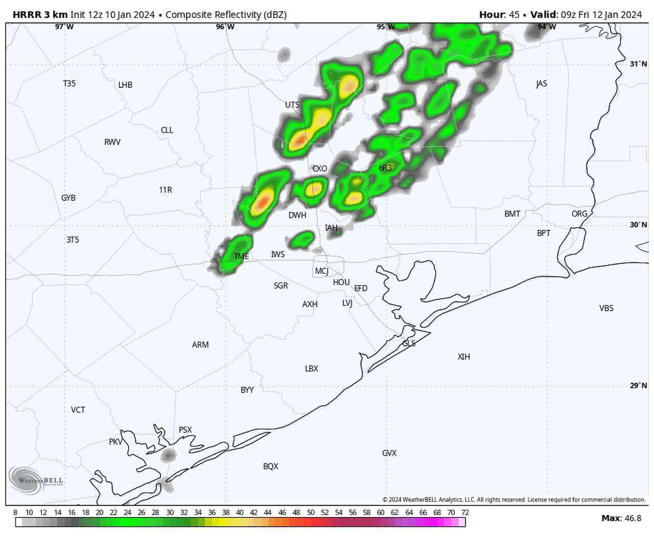 This map shows how future radar could look late Thursday night across Southeast Texas according to the High Resolution Rapid Refresh model. The risk of strong storms will be present in Houston, but more likely north and east of the region.